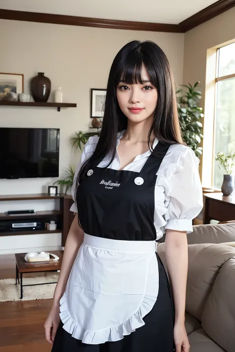 highest quality, masterpiece, 8k, ultra high resolution, (realistic: 1.4), 1 girl, beautiful face, symmetrical eyes, big, perfect body proportions, ((long black hair))、((Bangs Patsun)), housewife、Married woman、(apron、casual fashion)、the gaze of the beholde...