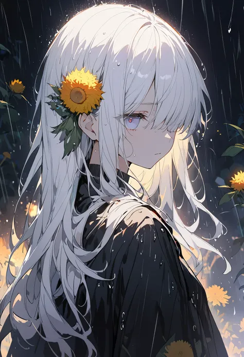 1 girl,alone,1 girl,alone,((Beautiful and delicate eyes)), (detail light),depth of field,(white hair),silver eyes,hair covering one eye,(safflower ), hair flower,long hair,black cloak,wet,emotionless,look back,night,Starfall,rain,FOG,safflowers falling,ske...