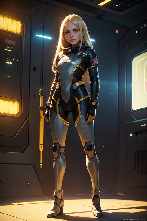 (young girl, 12 years old, blond hair, photorealistic, pale skin), (yellow (eyes:1.2)), (slim build:1.3), (fantasy space suit), beautiful face, symmetrical face, Greg Rutkowski, wlop and Sam Kuvshinov, (long hair), blond eyelashes, large iris, large pupil,...