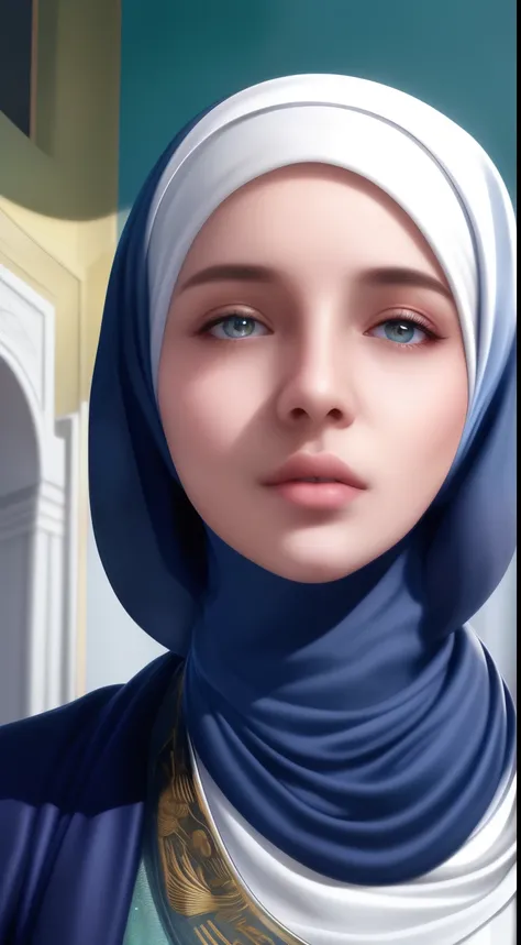 1girl, solo, beautiful face, high detailed realistic eyes, double eyelids, high detailed realistic pupils, (upon body from head to waist:1.36), (wearing hijab:1.37), (moslem headscarf:1.37), reading glasses, sitting alone on a long chair, amazing mosque pa...