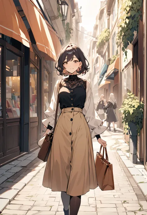 Beautiful girl going for shopping happily, walking in a street with a handbag, dressed modestly