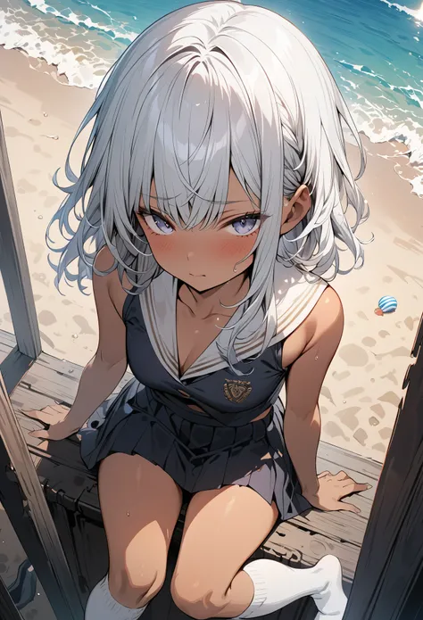 ((masterpiece)), ((best quality)), ((high resolution)), ((Extremely detailed CG unified 8k wallpaper)), alone, Tachibana, tan school uniform, black skirt, white socks, outdoor, Face, cover hair, beach, parted hair, silver hair