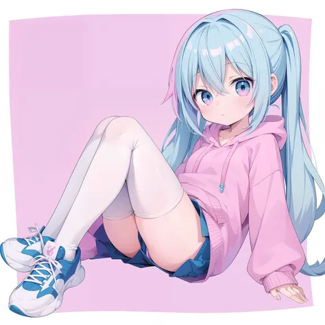 anime girl with blue hair and pink hoodie laying on the ground, cute anime girl, anime cute art style, anime girl, (anime girl),...