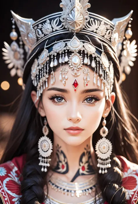 (masterpiece，high quality，8K).art photography，medium shot，symmetry，beautiful girl，exquisite facial features，Skin details，Bright Eyes，unique，minority，Exaggerated headdress，tassels on hat，exaggerated jewelry，Silver crown：1.5，silver tiara：1.37，dark ethnic clo...