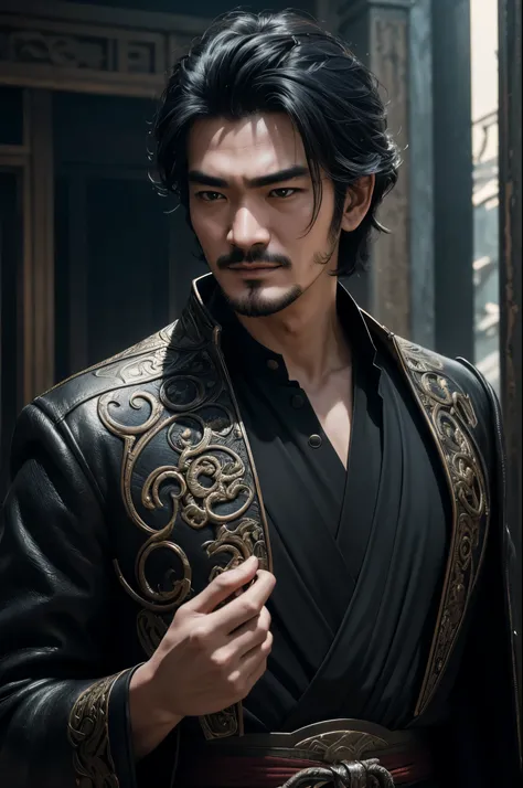 8K,1 Super handsome,((surreal details)), man wearing a luxurious black coat,laughter,Bunching up black hair,Portrait of Takeshi Kaneshiro, global illumination, Shadow, octane rendering, 8K, super sharp,Metal,convolution,masterpiece,Photorealistic RAW photo...