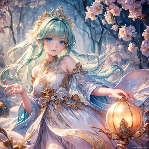 (best quality:1.4),(masterpiece:1.4),super detailed,8K,CG,Beautifully,Upper body,,thumb girl,green eyes, little princess,flowing coat dress,garden background,detailed facial features,Long curly hair,almond eyes,Fine eye makeup,long eyelashes fluttering,Spa...