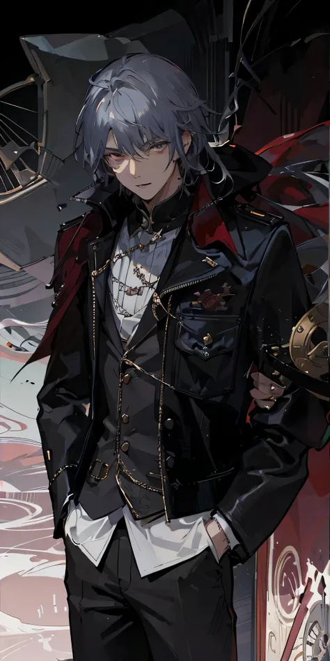 anime style images，Man wearing black suit and red cloak, The handsome guy who kills demons, Wearing a black noble suit, Inspired by Hiroshi Yamagata, Exquisite androgynous prince, beautiful androgynous prince, Male anime characters, androgynous vampire, Ha...