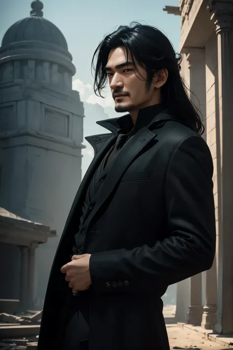 8K,1 Super handsome,((surreal details)), man wearing a luxurious black coat,laughter,tie long black hair,Young Takeshi Kaneshiro portrait, black slacks,global illumination, Shadow, octane rendering, 8K, super sharp,Metal,convolution,masterpiece,Photorealis...