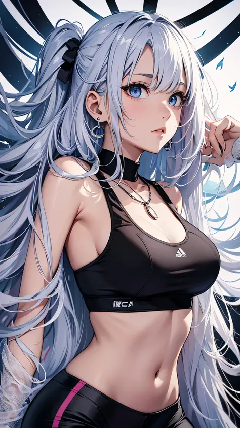 最high quality、best image quality、masterpiece、girl((20-year-old、 By becoming、vest bust、medium bust,wide open breast tea、shining eyes, silver hair、long hair、thin,highest valley、black sports bra、black sports pants、shoulder tattoo,diamond earrings、Wristband、bl...