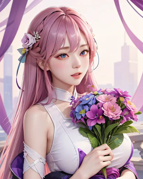 (ultra-detailed background, detailed background), confused, High resolution, Super detailed, very detailed, 1 girl, yae miko, pink hair, purple eyes, (bouquet:1.3), (tangled:1.2), (geometric:1.2),(colorful),big breasts，erect nipples，I can see your nipples