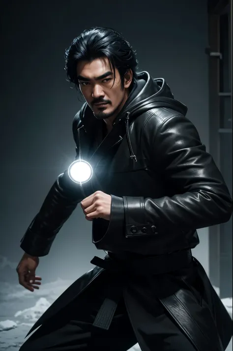 1 Super handsome,((surreal details)), man wearing a black coat with a hood,laughter,Bunching up black hair,Portrait of Takeshi Kaneshiro, global illumination, Shadow, octane rendering, 8K, super sharp,Metal,convolution,8K,sharp gaze,dynamic action pose,kar...