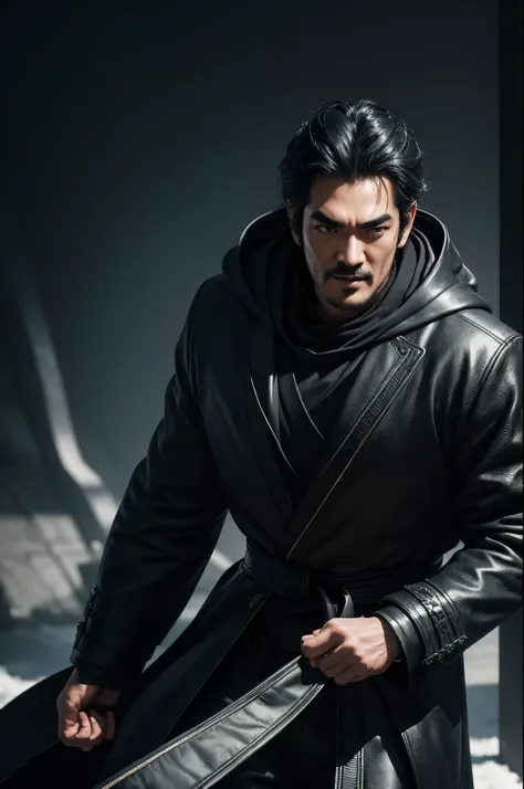 1 Super handsome,((surreal details)), man wearing a black coat with a hood,laughter,Bunching up black hair,Portrait of Takeshi Kaneshiro, global illumination, Shadow, octane rendering, 8K, super sharp,Metal,convolution,8K,sharp gaze,dynamic action pose,kar...