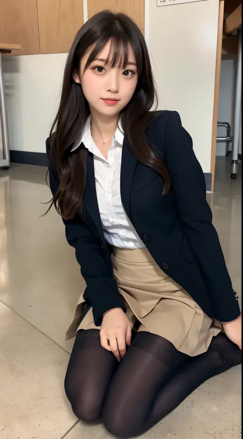 A woman in a skirt and jacket is sitting on the floor, hyper現実的なhigh school girl, a hyper現実的なhigh school girl, かわいいhigh school girl, 現実的なhigh school girl, wearing japanese school uniform, japanese school uniform, high school girlの格好をした, japanese girl unifo...