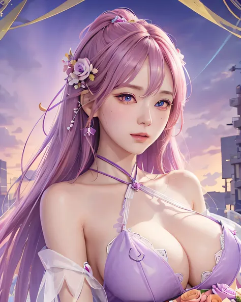 (ultra-detailed background, detailed background), confused, High resolution, Super detailed, very detailed, 1 girl, yae miko, pink hair, purple eyes, (bouquet:1.3), (tangled:1.2), (geometric:1.2),(colorful),big breasts，erect nipples，I can see your nipples，...