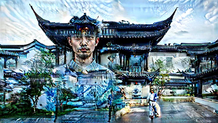 chinese man wearing blue and white plaid shirt and black pants，standing in front of a temple on the top of a mountain，full body ...