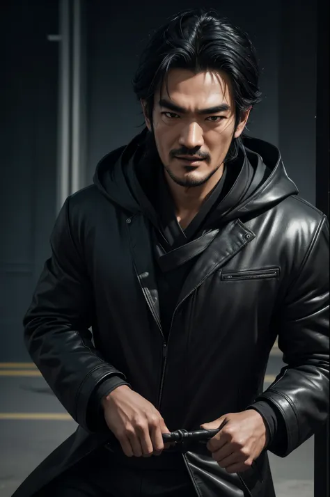 1 Super handsome,((surreal details)), man wearing a black coat with a hood,laughter,black slacks,Bunching up black hair,Portrait of Takeshi Kaneshiro, global illumination, Shadow, octane rendering, 8K, super sharp,Metal,convolution,8K,sharp gaze,dynamic ac...