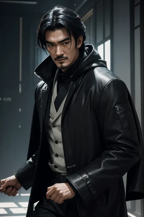 1 Super handsome,((surreal details)), man wearing a black coat with a hood,laughter,black slacks,Bunching up black hair,Portrait of Takeshi Kaneshiro, global illumination, Shadow, octane rendering, 8K, super sharp,Metal,convolution,8K,sharp gaze,dynamic ac...