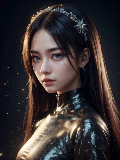 (high quality), (masterpiece), (detailed), 8K, Hyper-realistic portrayal of a futuristic (1girl1.2), Japanese character adorned with captivating gemstones. Meticulous details capture the seamless blend of tradition and innovation in this visually stunning ...