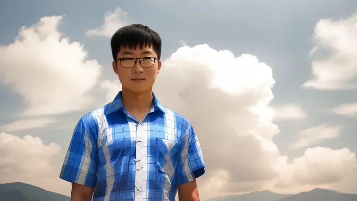 chinese man wearing blue and white plaid shirt and black pants，standing in front of a temple on the top of a mountain，full body ...