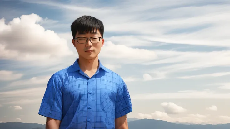 chinese man wearing blue and white plaid shirt and black pants，standing in front of a temple on the top of a mountain，full body ...