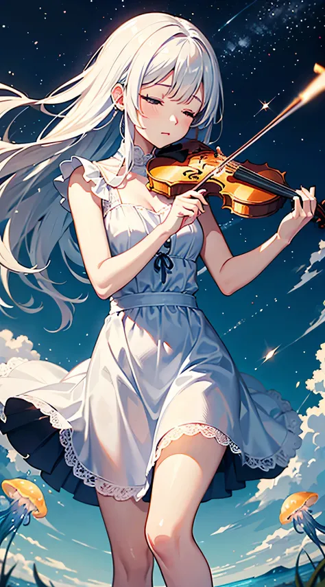 more_details:-1, more_details:0, more_details:0.5, more_details:1, more_details:1.5, girl, standing, playing violin, cristal music notes around, calm expression, closed eyes, long white hair, blue eyes, light blue long dress, forest, night, jellyfish, many...