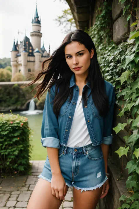 photograph of a woman, (tense facial expression),face looking straight into the camera, ultra-textured leather, goosebumps, black hair with waterfall braid, oversized denim shirt with bike shorts and sneakers, several views, majestic fairytale castle with ...