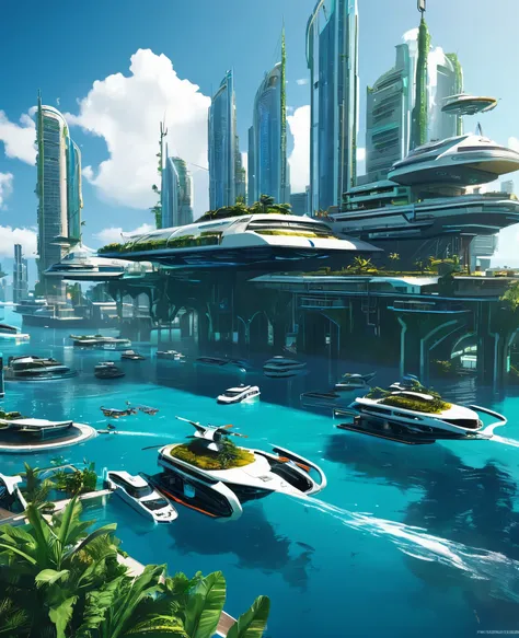 The image features a floating city in the ocean, with a large dock in the front. It has vegetation zones, swimming pools, entertainment zones. Leisure. Idyllic, utopy. There are several boats of different sizes in the water, both anchored and moving. The c...