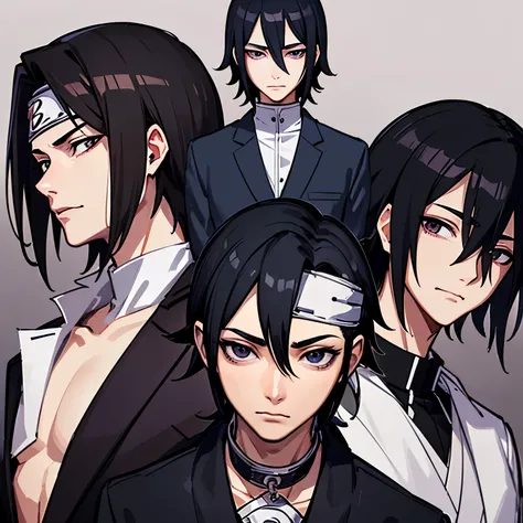 ((Sasuke uchiha)), ((man)), (Sasuke), handsome face, masterpiece, best quality, (1 man), 25 years, mature, short hair, elegant nose,pale skin, broad shoulders, Korean hair, black hair, ((Korean face)), black eyes, smirk, wearing suit, whole body, dark them...