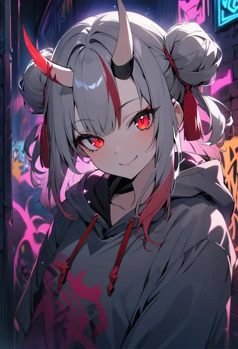 detailed background, masterpiece, highest quality, smile, nakiri ayame, striped hair, demon horn, gray hair, twin buns, red eyes, smile, hoodie, portrait, neon, graffiti, dark, night, shining eyes, Black light、Completely naked