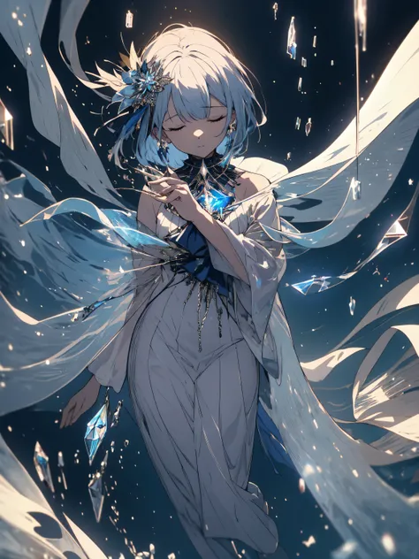 ((masterpiece)), ((highest quality)), 8K, hd, Super detailed, (woman), (white dress with navy blue edges), (Scattered light blue hair shawl), (closed my eyes) (Sleeping inside a transparent gem 1.6) (Full body display 1.4) 作品はmasterpieceです, Top quality and...