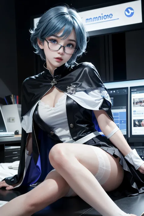 1 girl, blue hair, blue eyes, short hair, black capelet, skirt, white pantyhose, blue demon wings, bluish glasses, For mini,, indoors, hideout, many computer monitors, phantom thief hideout,, , 