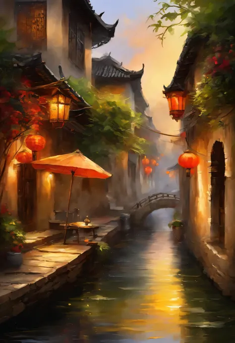 China Jiangnan water town oil painting, Featuring beautiful neoclassical and traditional Chinese waterside architecture, rain, and reflections of people and faces on the sidewalk., Elegant and elegant, with many details, Rendering Lumion 8k, Render the Unr...