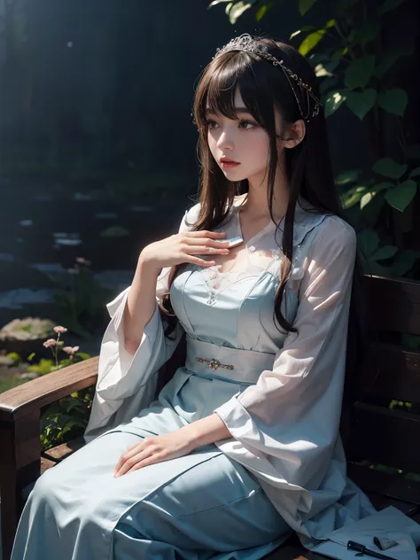 (highest quality, 8K, realistic:1.2), Japan teenage girl in foggy forest at night, (fine skin, Sweet Lolita Dresses), (long hair:1.3, short bangs), (mysterious lighting, deep fog:1.4), 8K Filmlike, Capturing the essence of a Japanese teenage girl in the fo...