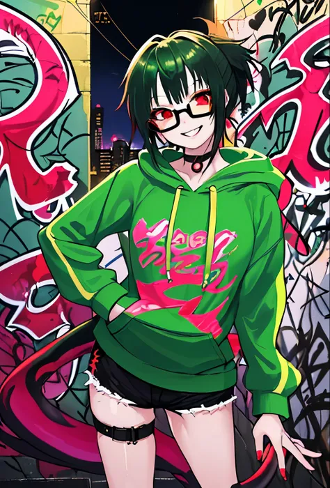 detailed background, masterpiece, highest quality, smile, kagura suzu , striped hair, black glasses, green hair, side tail, red eyes, smile, hoodie, portrait, neon, graffiti, dark, night, shining eyes, Black light、Completely naked