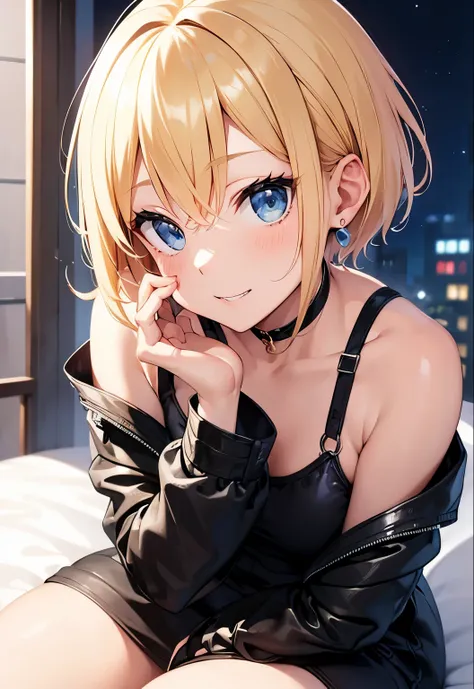 High resolution, 2D anime style,,Blue eyes beautiful eyes,high and beautiful nose,thin face,blonde boyish short hair,cool woman,beautiful earrings,beautiful clock,chest is a little big,she looks very sleepy,She is smiling a little,beautiful profile,I&#39;m...