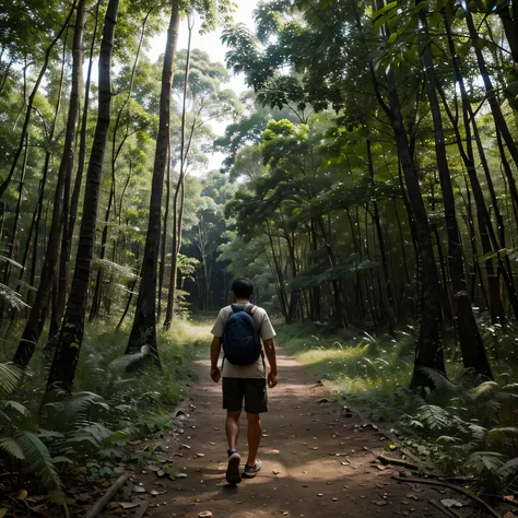 Showing the back of a thai man local hunter walking into the Thai woods