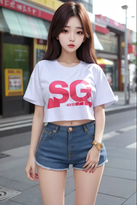 Beautiful, 1girl, korea, small breast, oversize crop tshirt, shortpants, hotpants