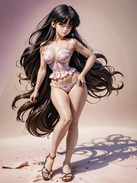 Dark-haired anime girl in pink swimsuit and corset, 16 anos, corpo bonito, seios grandes, com hand in panties , hand in hair, Garota sensual, purple cabelo, mechas de cabelo laterais, mechas de cabelo na lateral do rosto, beautiful lighting, sombras suaves...