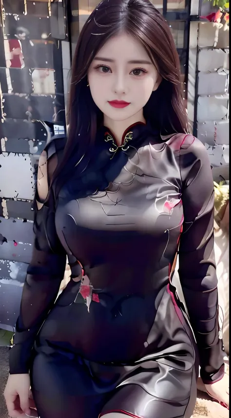 highest image quality、ultra high resolution、(Realism:1.4)、1 girl in、beautiful face、Wearing a long-sleeved clear latex rubber suit、red lipstick