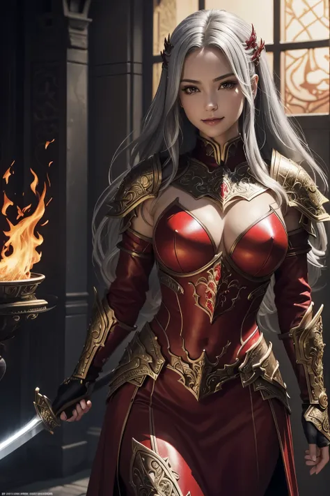 8K、,A bewitching succubus wearing luxurious red armor..,super beautiful(like the real thing)、Long skirt with a luxurious red flame motif,Arafed woman taking a photo with sword and armor、Beautiful wavy silver hair、big and full breasts、flame-shaped chest arm...