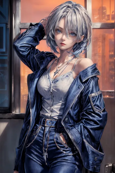 cinematic lighting、highest quality,A bright cyberpunk world、1 female、(20 year old beautiful woman with blue hair、Detailed beautiful facial 、short hair、shoulder length hair、blue eyes:1.4)break,medium hair、(（Overall vivid BLUE hair color:2.0）)
break(hair all...