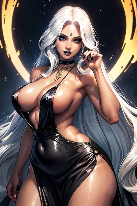 best quality, nsfw, extremely beautiful, beautiful face, long wavy white hair, Tanned skin, (Shiny skin : 1.3), gothgirl, big breasts, arousal pose, revealing dress