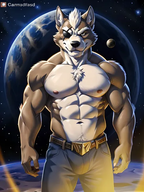 wolf odonnell, posing for the camera, showing off. 4k, high resolution, best quality, posted on e621, solo, anthro body, male, adult, masculine, (very muscular, strong chest, strong pectorals:1.0), correct anatomy, (space clouds, space background, stars:1....