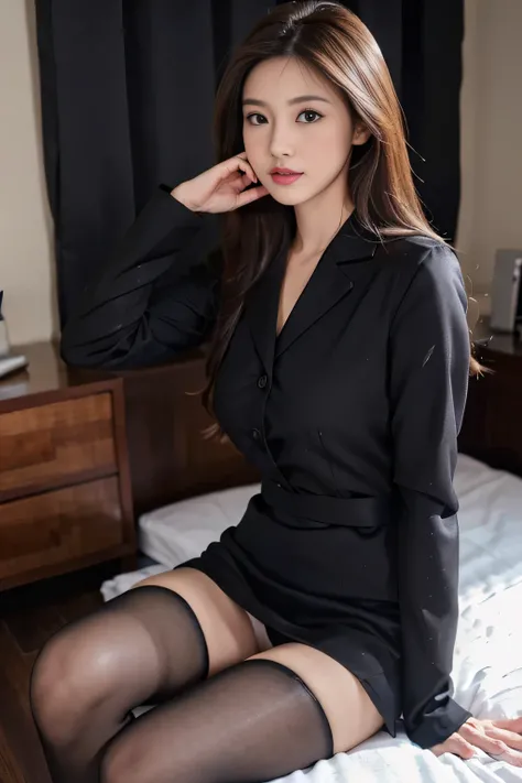 (best quality, high resolution, Super detailed:1.2), (actual:1.37), bust portrait, Detailed face, below the waist,pretty face, Unpatterned black leggings, black stockings, 16 year old female, Slender figure, office ladies uniform, office attire, black stoc...