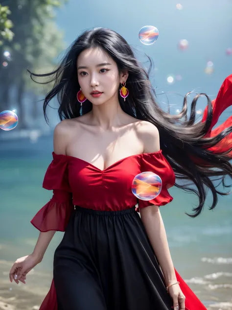 r1ge,1girl,black hair,long hair,off-shoulder dress,(red dress:0.9),cleavage,jewelry,earrings,bare shoulders,(off shoulder:1.1),r...