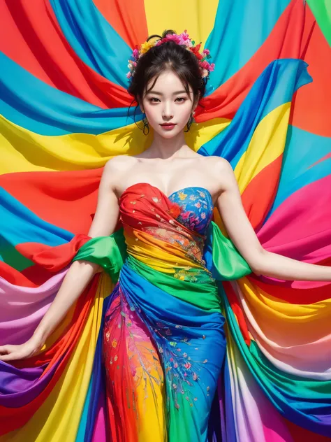 offcial art,colorful background, a beautiful woman with delicate facial features,flower arms, colorful and colorful silks cover ...