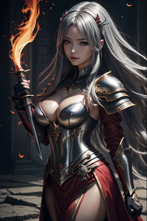 8K、赤いChest armor with flame motif,A bewitching succubus wearing luxurious red armor..,super beautiful(like the real thing)、Long skirt with a luxurious red flame motif,Arafed woman taking a photo with sword and armor、Beautiful wavy silver hair、big and full ...