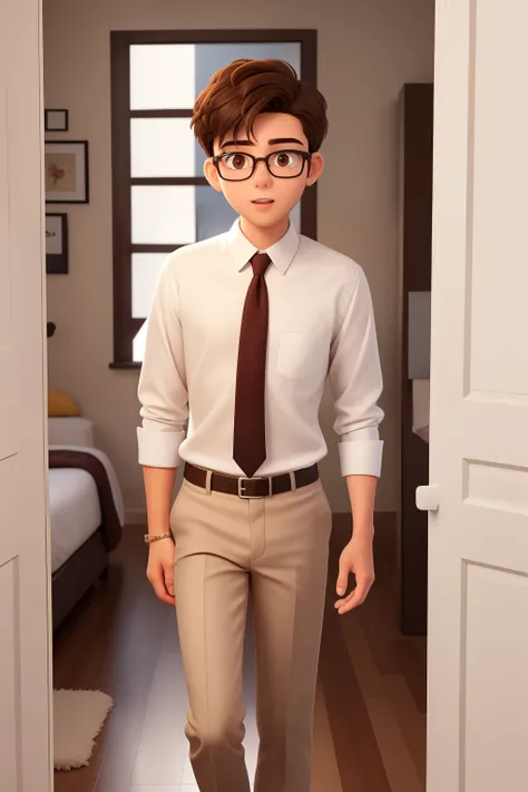 A boy of  20 years old, with short brown hair,diamond face, bright look, mouth open, jaw open,and brown eyes, wearing white white shirt with necktie and glasses,wearing light brown skinny pants, fullbody shot, shocked face( looking to the bedroom from outs...