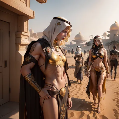 Photo of (arabian princess:1.5) Packed hall standing in the background々and衣装を着て (Cyberpunk Desert:1.3), (Exotic Royal Palace:1.5) and (sunset sky:1.2). In a complex hijab, Long vest in jewelry with gold embroidery, detailed face and eyes, (very detailed:1....