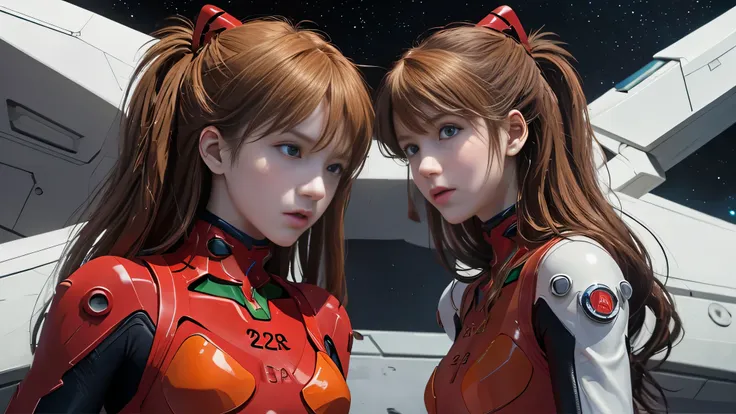 （俯瞰shape），dynamic angle，dynamic pose，Super detailed，shape，close-up of，straight，1 girl huge big ，Soul Asuka Langley，
 （（Soryu Asuka Langley，interface headset，red bodysuit：1.5，blonde）），彼女の目はdream-like星のように輝いていた，（Glow eye：1.233），（beautiful and delicate eyes：1...